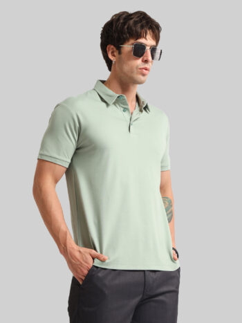 Maniac Mens Solid Polo Neck Half Sleeve Cotton Light Green T-Shirt