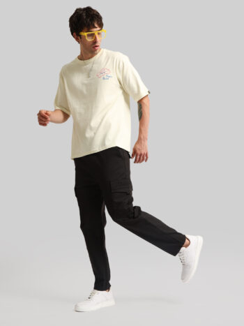 Maniac Men Emboassed Pocket Black Cotton Blend Baggy Cargo Pant