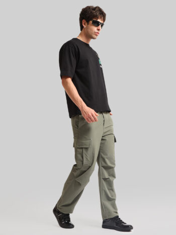 Maniac Men Side Twinfold Pocket Solid Green Cotton Blend Baggy Cargo Pant