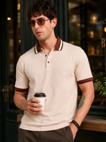 Maniac Mens Solid Contrast Polo Neck Half Sleeve Cotton Biscuit T-Shirt