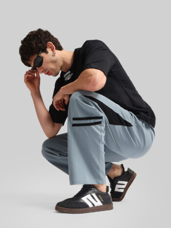 Maniac Men Color Block Light Grey and Black Cotton Baggy Trackpant