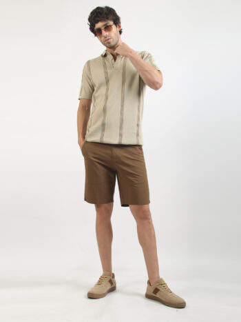 Maniac Men Textured Polo Neck Half Sleeve Biscuit and Brown Cotton T-Shirt