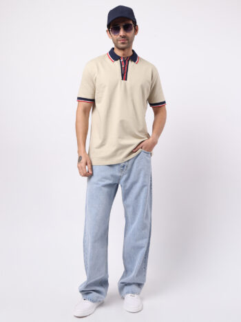 Maniac Men Colorblock Polo Neck Half Sleeve Biscuit Cotton T-Shirt