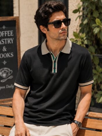 Maniac Mens Colorblock Polo Neck Half Sleeve Black and Biscuit Cotton T-Shirt