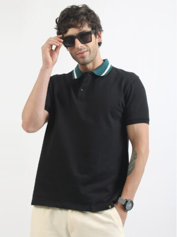 Maniac Mens Color Block Polo Neck Half Sleeve Black Cotton T-Shirt