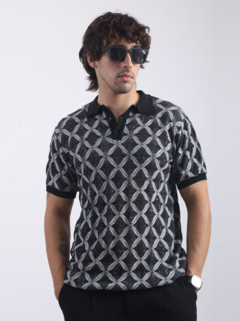 Maniac Mens Colorblock Texture Polo Neck Half Sleeve Black and White Cotton T-Shirt