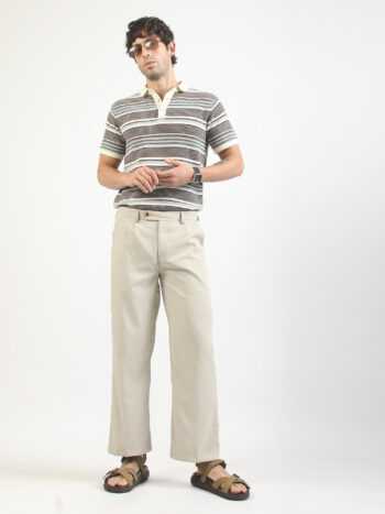 Maniac Men Stripes Textured Polo Neck Half Sleeve Brown & Cream Cotton Polo T-Shirt