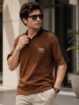 Maniac Mens Printed Polo Neck Half Sleeve Brown & Black Cotton T-Shirt