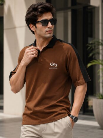 Maniac Mens Printed Polo Neck Half Sleeve Brown & Black Cotton T-Shirt