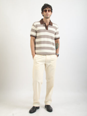 Maniac Men Stripes Textured Polo Neck Half Sleeve Brown & Half White Cotton Polo T-Shirt