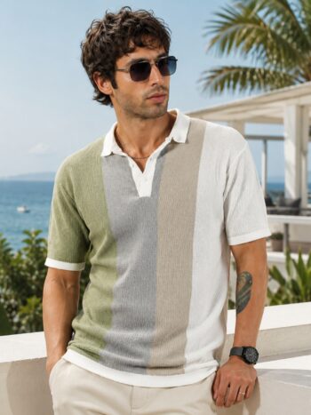 Maniac Mens Vertical Stripes Polo Neck Half Sleeve Cream, Green and Biscuit Cotton T-Shirt