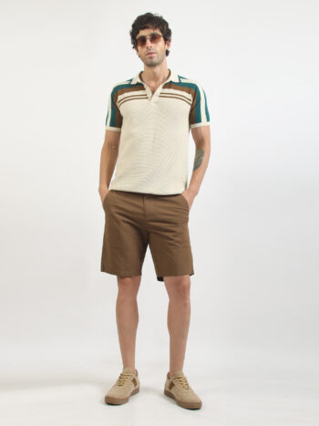 Maniac Men Textured Polo Neck Half Sleeve Cream and Green Cotton T-Shirt