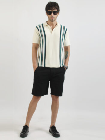 Maniac Men Stripes Polo Neck Half Sleeve Cream and Dark Green Cotton Polo T-Shirt
