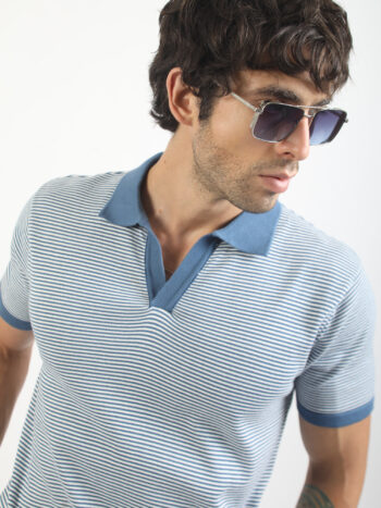 Maniac Mens Stripes Polo Neck Half Sleeve Denim Blue & White Cotton Polo T-Shirt