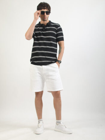Maniac Men Striped Polo Neck Half Sleeve Black Cotton Polo Tshirt