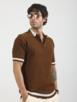 Maniac Mens Textured Half Slevee Polo Neck Brown Cotton Polo T-Shirt