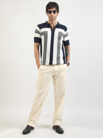 Maniac Men Textured ColorBlock Polo Neck Half Sleeve Navy and White Cotton T-Shirt