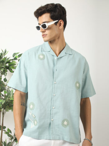 Maniac Mens Mystic Petals Embroidery Half Sleeve Aqua Blue Linen Shirt