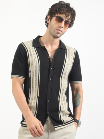 Maniac Mens Cable Textured Collared Neck Half Sleeve Black & Biscuit Cotton Polo Shirt