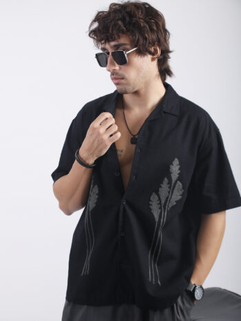 Maniac Mens Midnight Embroidery Half Sleeve Black Linen Shirt
