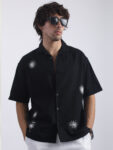 Maniac Mens Mystic Petals Embroidery Half Sleeve Black Linen Shirt