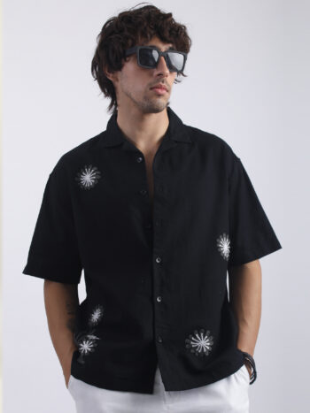 Maniac Mens Mystic Petals Embroidery Half Sleeve Black Linen Shirt