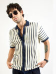 Maniac Mens Stripes Collared Neck Half Sleeve Cream & Navy Cotton Polo T-Shirt