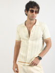 Maniac Mens Stripes Collared Neck Half Sleeve Cream Cotton T-Shirt