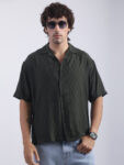 Maniac Mens Mystic Petals Embroidery Half Sleeve Olive Linen Shirt