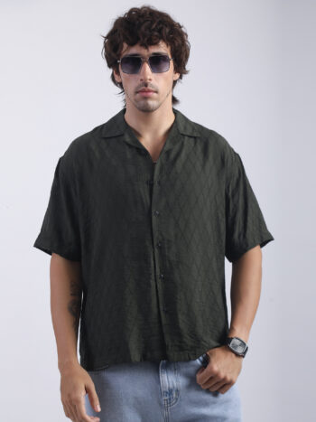 Maniac Mens Mystic Petals Embroidery Half Sleeve Olive Linen Shirt