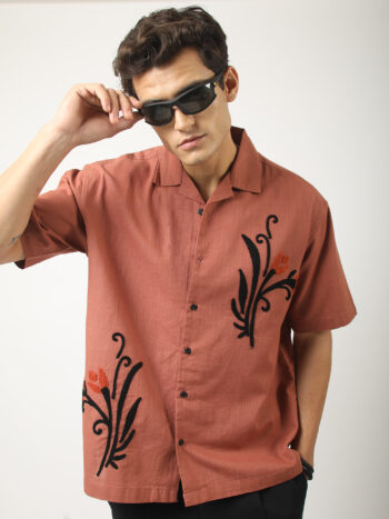 Maniac Mens Burnt Botanica Embroidery Half Sleeve Rust Linen Shirt