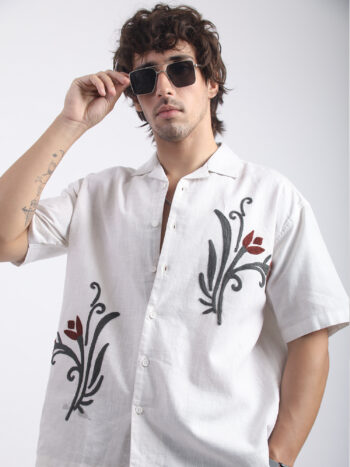 Maniac Mens Burnt Botanica Embroidery Half Sleeve White Linen Shirt