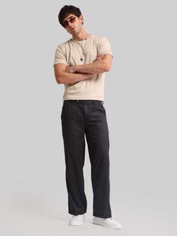 Maniac Solid Black Baggy Cotton Blend Trouser