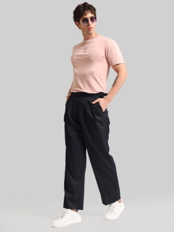Maniac Mens Solid Black Cotton Blend Double Button Gurkha Trouser