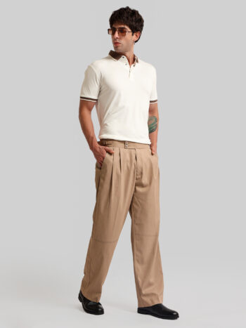 Maniac Mens Solid Camel Cotton Blend Double Button Gurkha Trouser