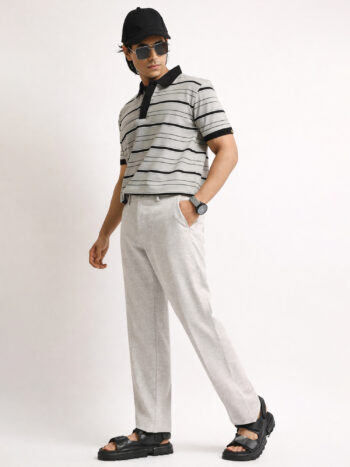 Maniac Mens Solid Grey Elastic Linen Cotton Blend Trouser