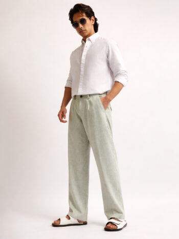 Maniac Mens Solid Light Green Turkish Linen Cotton Blend Trouser