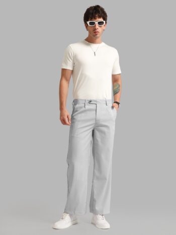 Maniac Solid Light Grey Baggy Cotton Blend Trouser