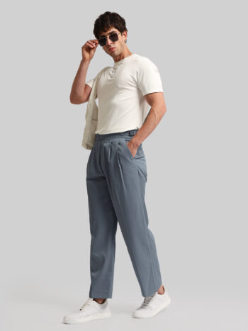 Maniac Mens Solid Light Grey Cotton Blend Double Button Gurkha Trouser