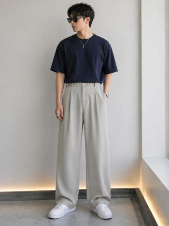 Maniac Mens Solid Light Grey Woven PolyCotton Korean Trouser