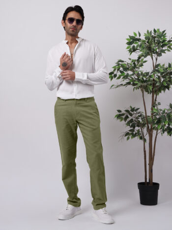 Maniac Mens Solid Olive Madrad Linen Cotton Blend Trouser