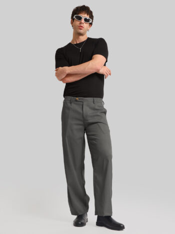 Maniac Solid Steel Grey Baggy Cotton Blend Trouser