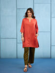 RUST V-NECK KURTA WITH OLIVE PANT SET