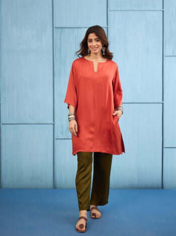 RUST V-NECK KURTA WITH OLIVE PANT SET