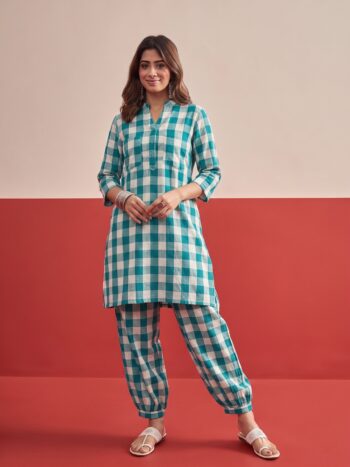 BLUE BIG CHECK FRONT POCKET AFGANI SET