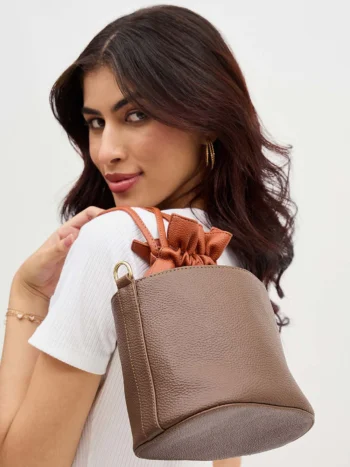 White Lily - Brown and Cognac Two-Tone Drawstring Bucket Bag
