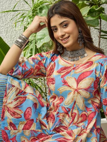 LIGHT BLUE FLORAL KURTA TULIP PANT SET