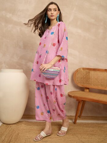 FUCHSIA CHECK FLORAL PPM BALOON PANT SET