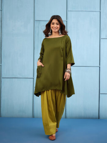 GREEN BOAT NECK TOP YELLOW SALWAR SET