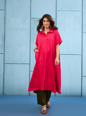 PINK LONGLINE SHIRT STYLE KURTA PANT SET